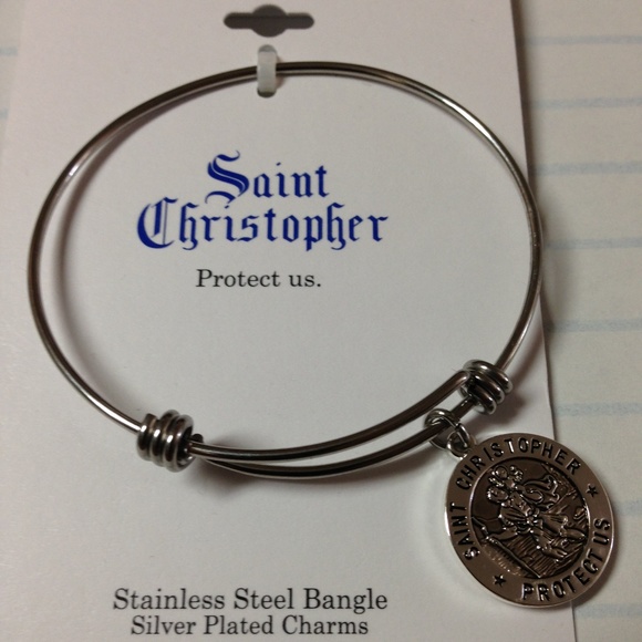 Saint Christopher Silver Plated Charm Bangle - Picture 2 of 8